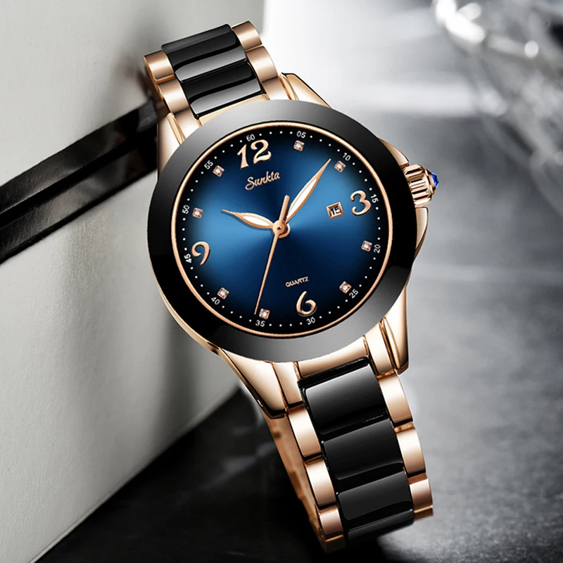 SUNKTA модные женские часы топовые брендовые роскошные керамические стразы