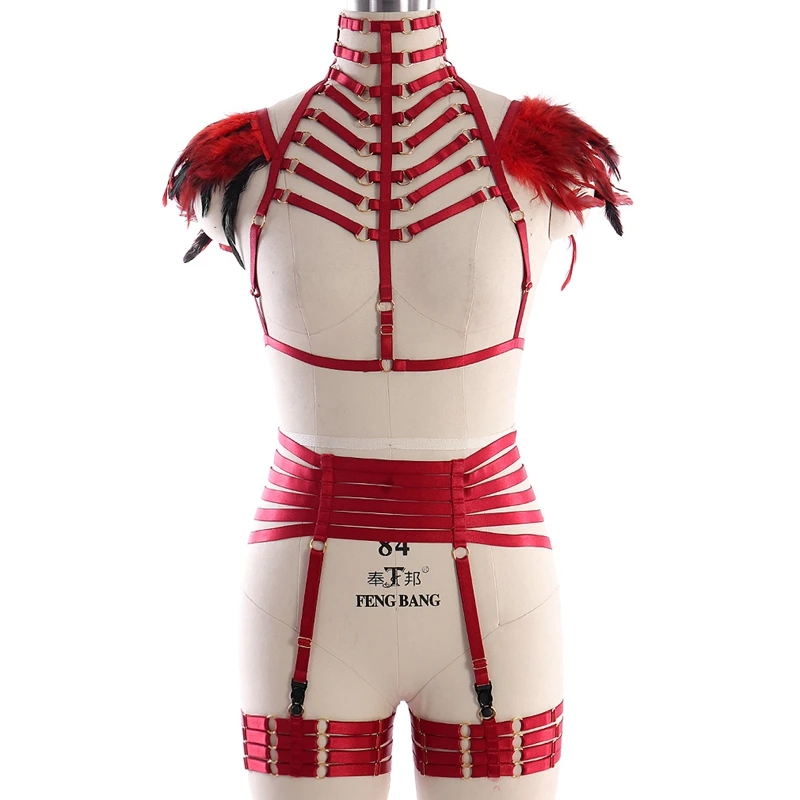 

Punk Goth Feather Body Harness Bra Women Sexy Fashion Strap Cage Bondage Erotic Lingerie Festival Rave Burning Epaulette Wings