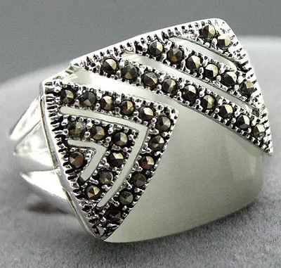 White Opal 14mmX15mm Square 925 Sterling Silver Marcasite Ring Size 7/8/9/10 | Украшения и аксессуары