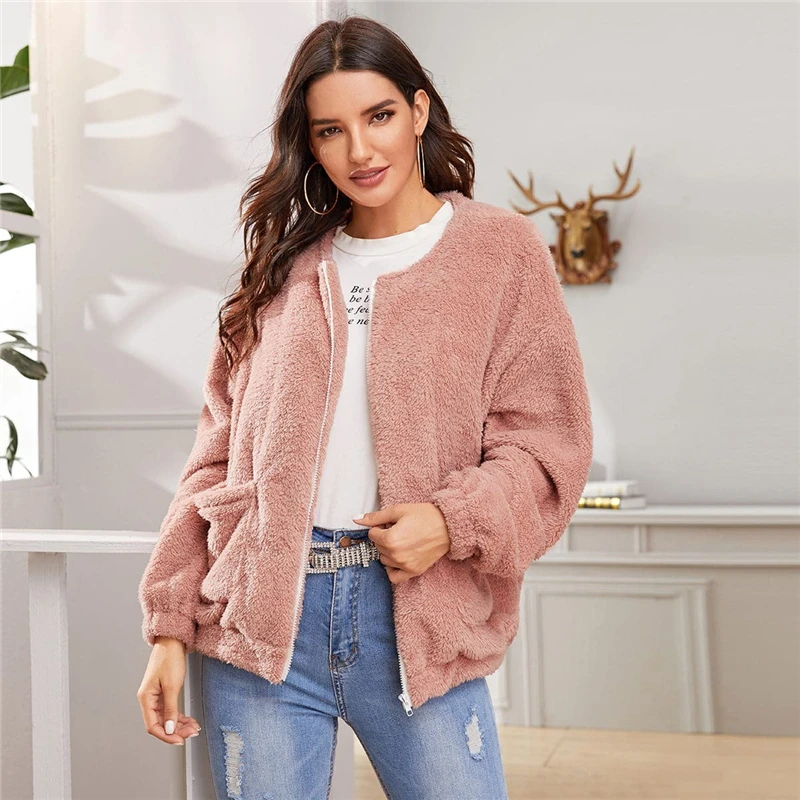 Dotfashion Розовый Повседневный плюшевый теплый жакет для женщин осень двойной карман деталь на молнии куртки дамы розовый сладкий пиджаки