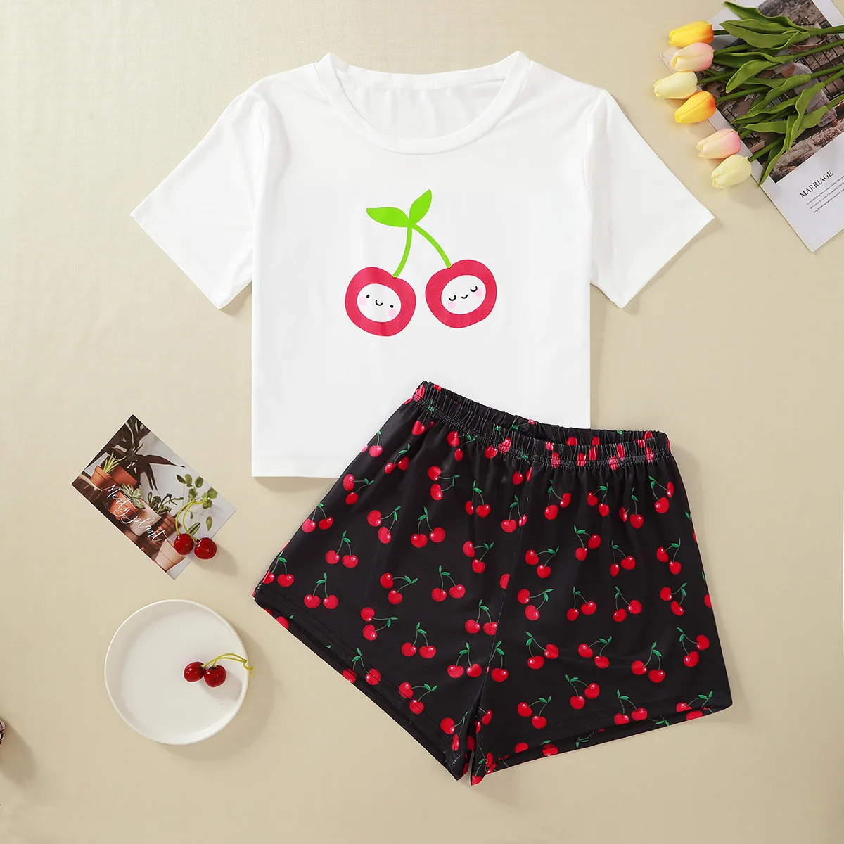 

Pijamas Set for Women Sexy Short Sleeve Pajamas Cherry/Sleepwear Catton Loungewear Ethika Women Set 2 Piece