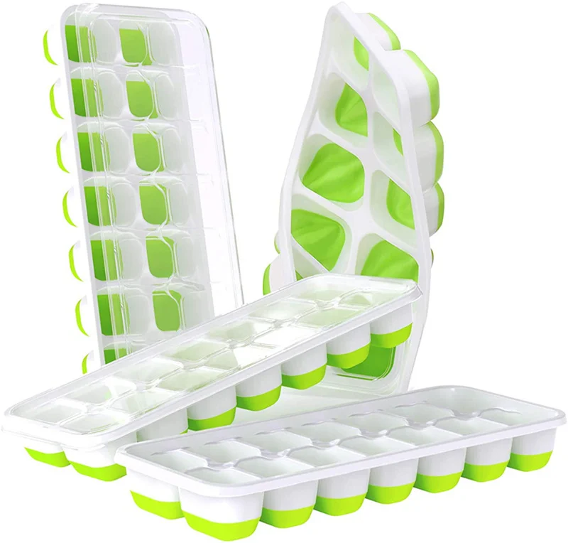 

4 Pack Easy-Release Silicone & Flexible 14-Ice Cube Trays with Spill-Resistant Removable Lid for Cocktail, Freezer, Stackable