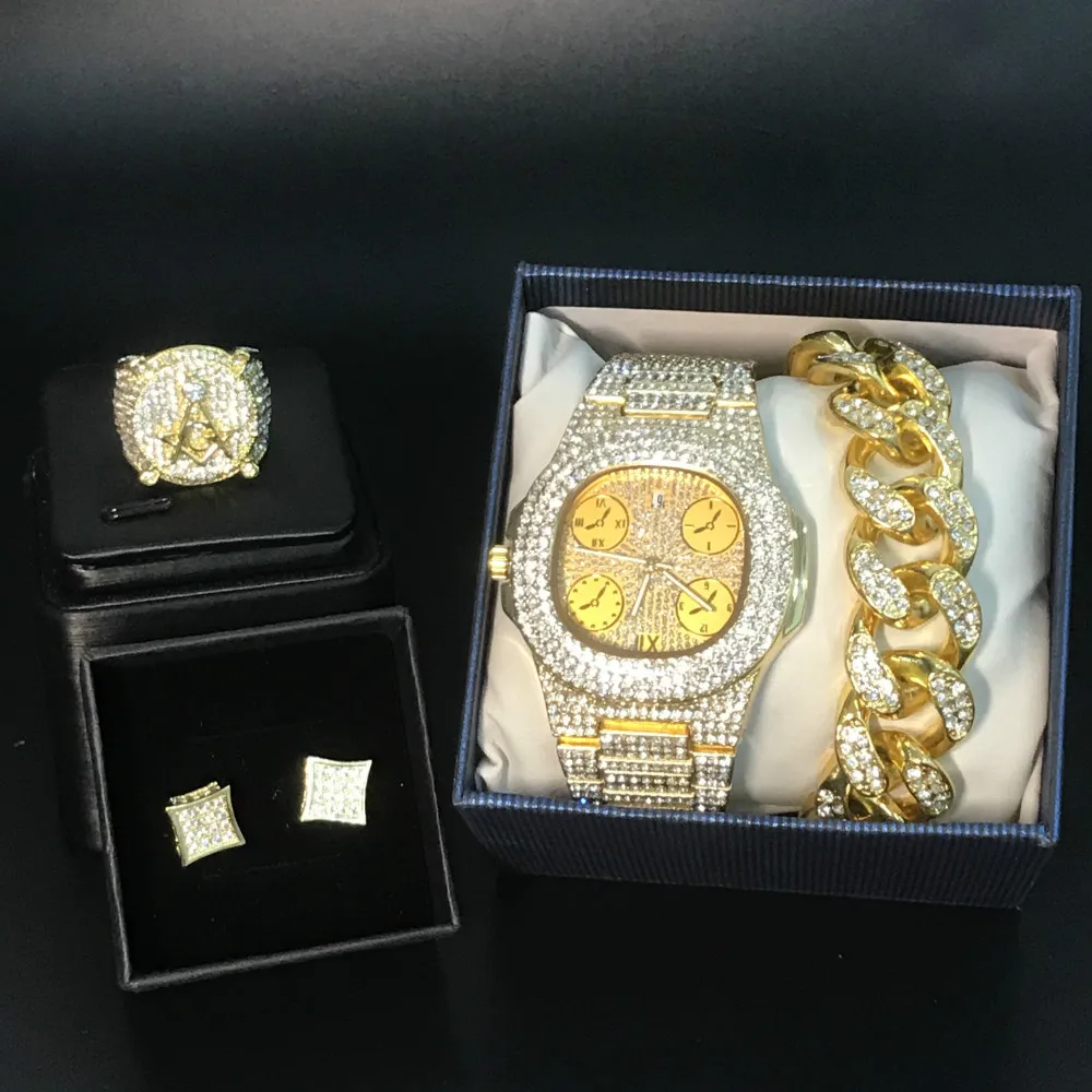 Luxury Men Gold Color Watch & Bracelet Ring Earrings Combo Set Ice Out Cuban In Crystal Necklace Chain Hip Hop For | Украшения и