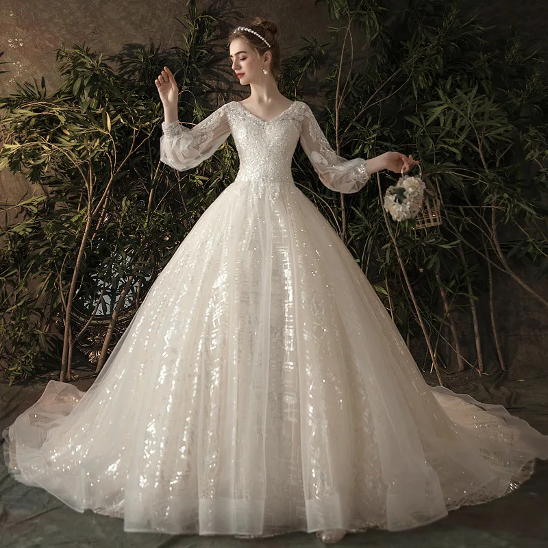 

2021 New V Neck Long Sleeve Wedding Dress Luxury Handmade Beading Shining Princess Ball Gown Custom Made Lace Up Robe De Mariee