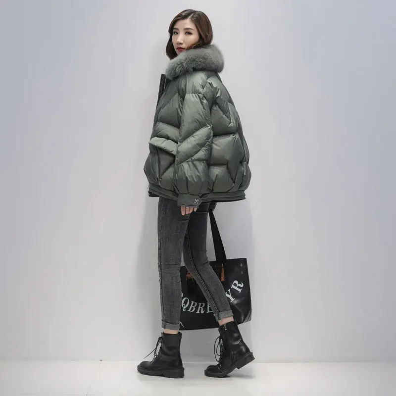 

High Quality Fox Fur Collar Parka Coat Women Short Winter Jacket Woman Down Coat Female Warm Hooded White Duck Down Jacket Parka