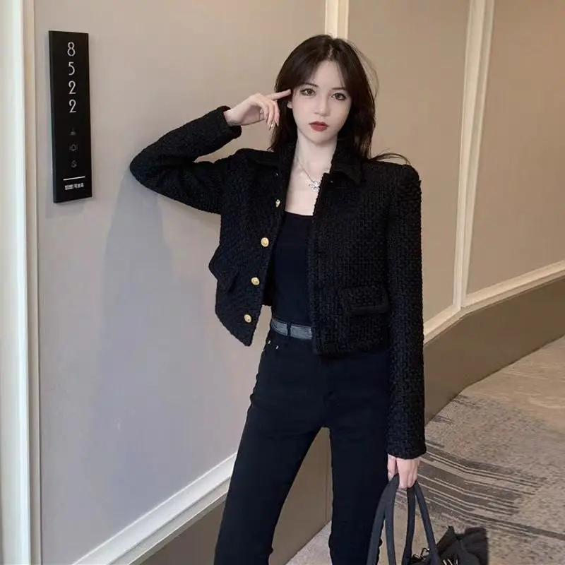 

Women Autumn Short Black Tweed Woolen Jacket