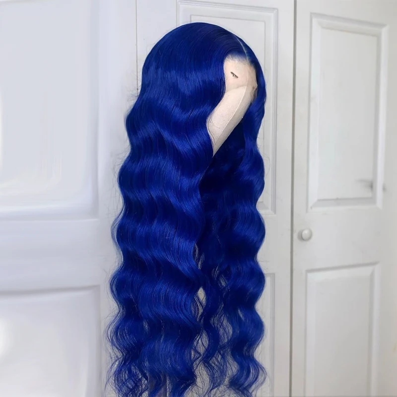 Голубая парик объемная волна Цветной человеческие волосы парики с