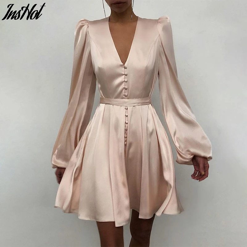 Платье женское атласное с длинным рукавом модный однотонный элегантный