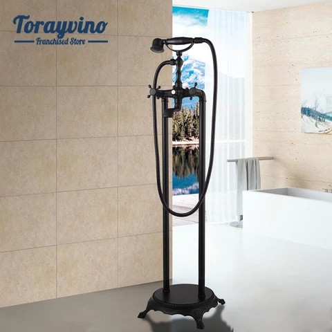 Torayvino душевой смеситель с черной хромированной отделкой, напольный стоячий смеситель для ванны, набор латунных смесителей для ванной комнаты, ручной душ