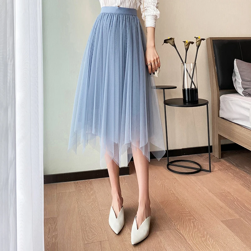

2021 Spring Summer Irregular Tulle Pleated WOmen Skirt Double-side Wear 3 Layered Mesh Pleuche High Low Long Midi Skirts
