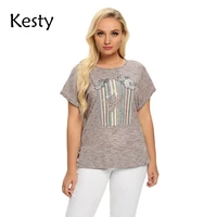 kesty womens plus size cotton summer t shirt short sleeved top with pearl applique printing round neck micro stretch top