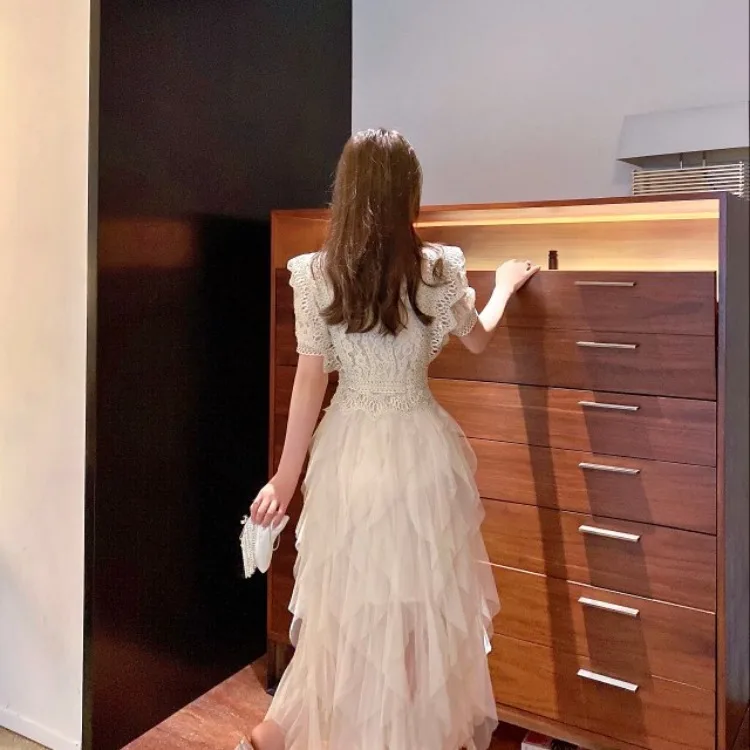 

2021 Summer Dress Sexy Round Neck Lace Hollow-out Mesh Stitching Dress Slimming Solid Temperament Irregular Dress Women New