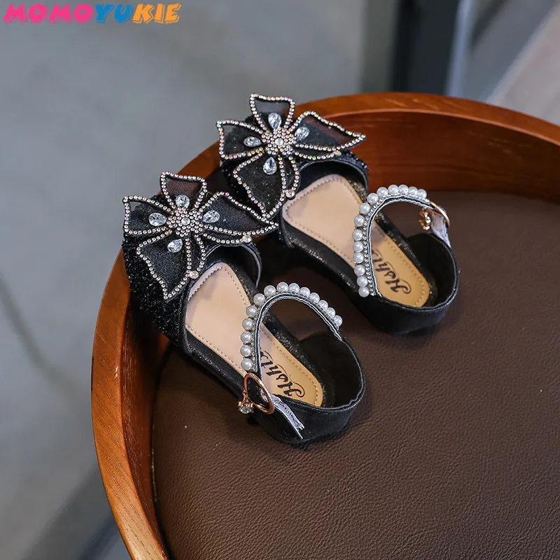 Zapatos con lazo de encaje de lentejuelas para ni&ntilde;as, zapatillas de baile de princesa con perlas bonitas, informales, para fiesta, boda, D721, novedad de 2021-4