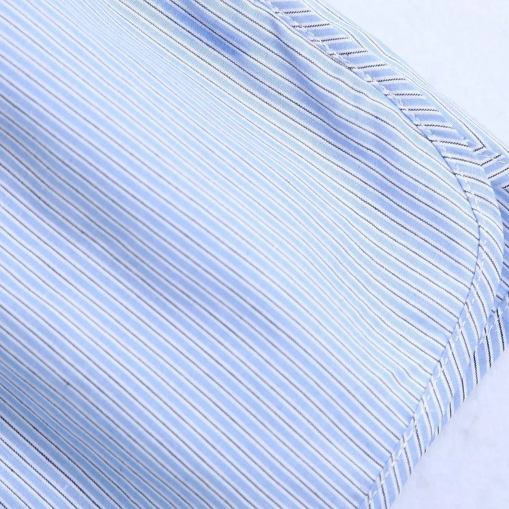 

2021 new striped shorts women's tide woven pure color loose blue poplin casual home simple soft thin buttons