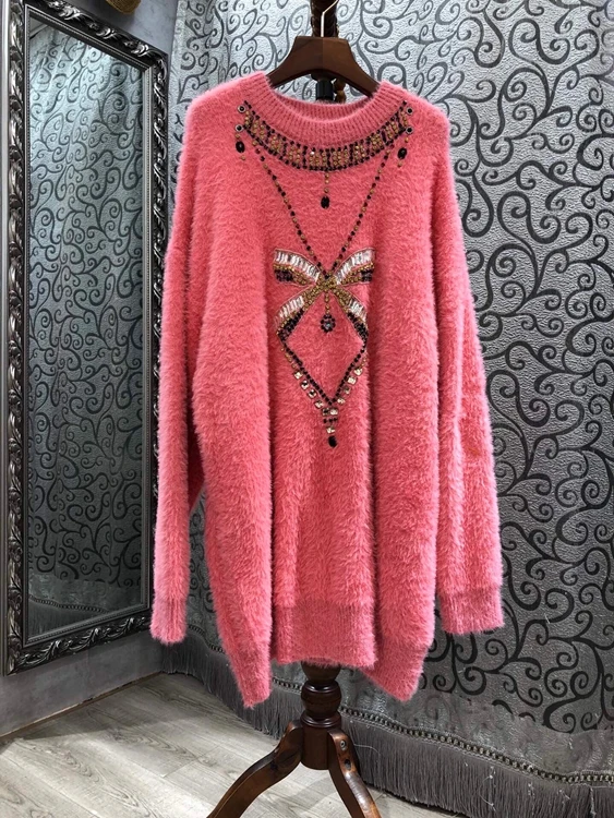 

2020 autumn and winter new ladies round neck beaded diamond stitching decoration long-sleeved mid-length loose knit sweater