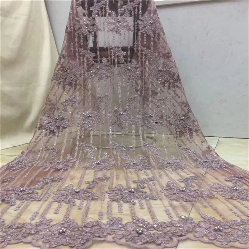 

2019 African Beaded Tulle Lace sequins beads Fabric High High Quality Lace Material Net French Embroidery Nigeria Lace Fabric