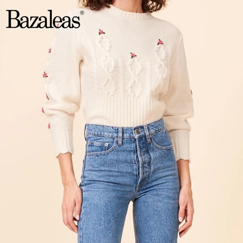 Bazaleas винтажный белый свитер мила с круглым вырезом Женский французский Милый