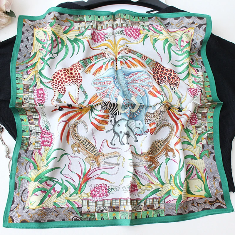 

Luxury 100% Silk Scarf Women Fashion Ethnic Tribal Style Elephant Animal Print Kerchief Bandana Small Headscarf 53*53cm