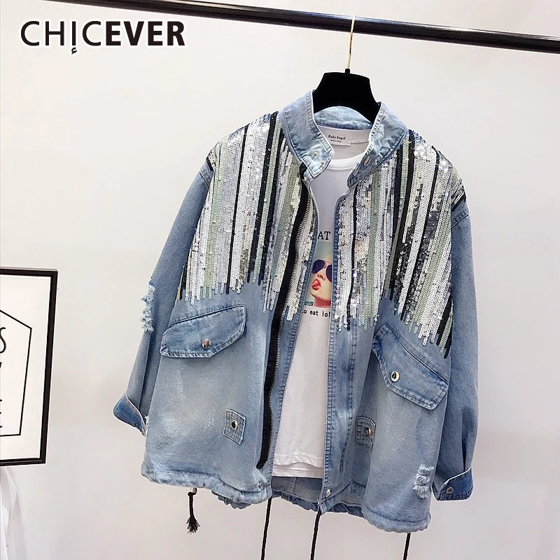 

CHICEVER Camouflage Denim Jackets For Women Stand Collar Long Sleeve Drawstring Patchwork Sequins Coats Female 2021 Autumn Style