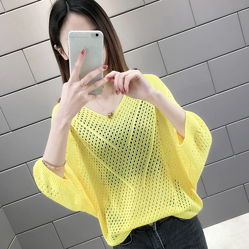 

#3709 Summer Batwing Sleeves V-neck Thin Knitted Tops Women Hollow Out Sexy Loose Casual Knitwear Pullover Women Solid Color