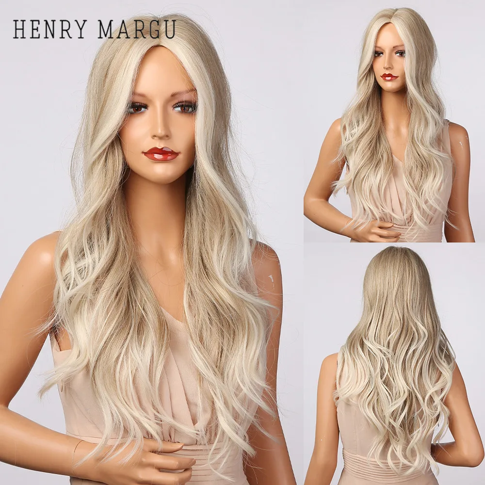 

HENRY MARGU Ombre Light Brown Grey Ash Blonde White Highlight Synthetic Wigs Long Wavy Middle Part Women's Wigs Cosplay Hair