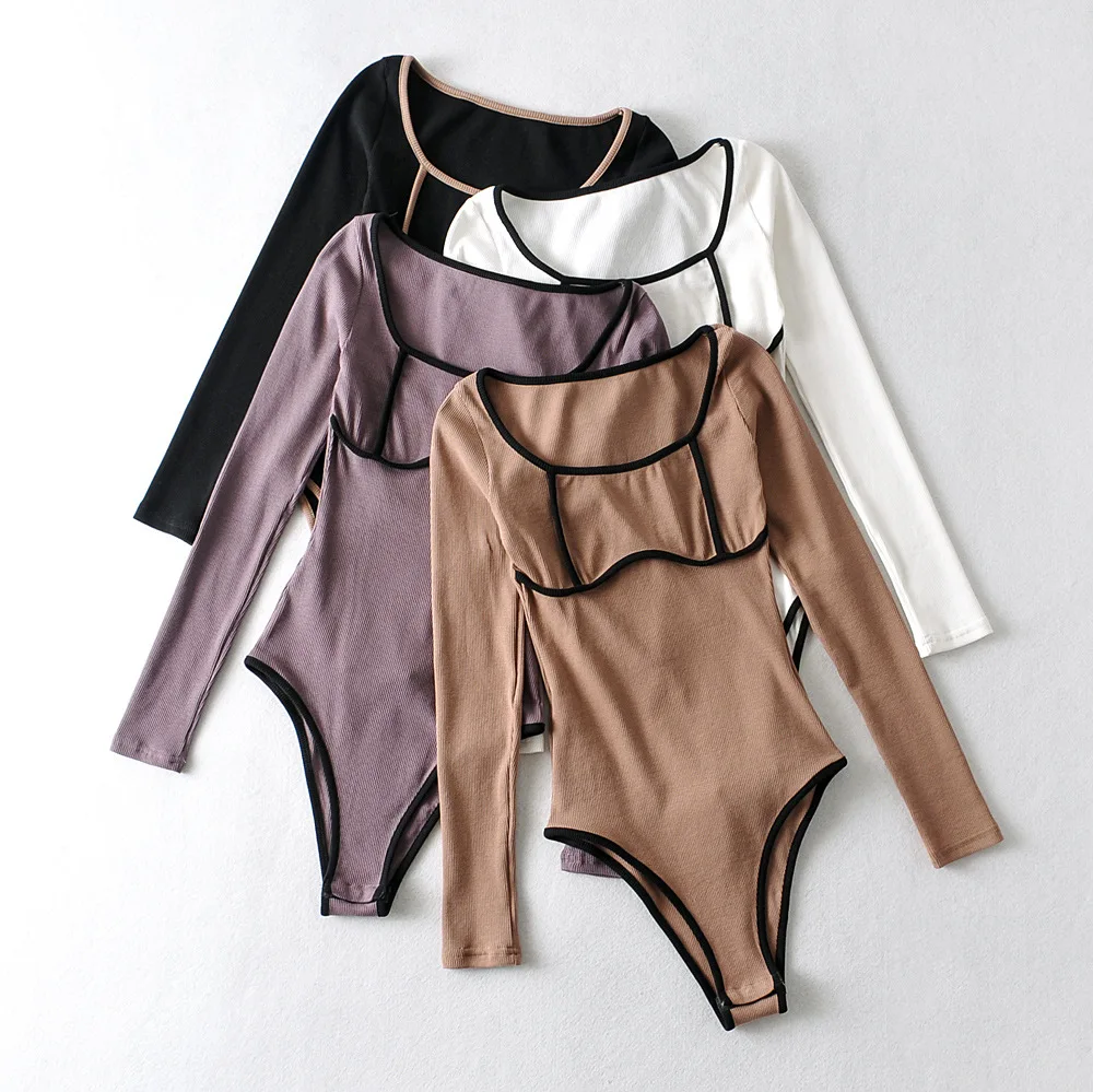 

Women Sexy Bodysuits Bikini Bottom With Snap Closures Stretch Skinny Square Collar Color Block Edge Spliced Chic Romper