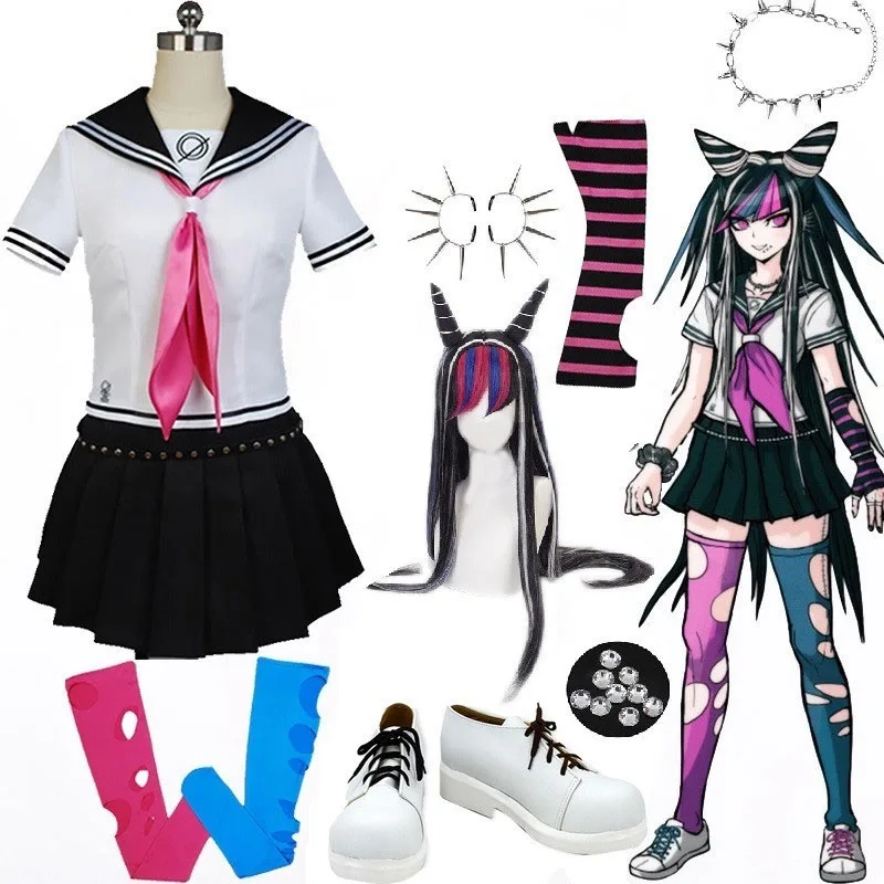 

DanganRonpa Ibuki Mioda Wig Cosplay Costume Outfit Sailor Dress Uniform Carnival Party Halloween Costume For Women Girls shoes