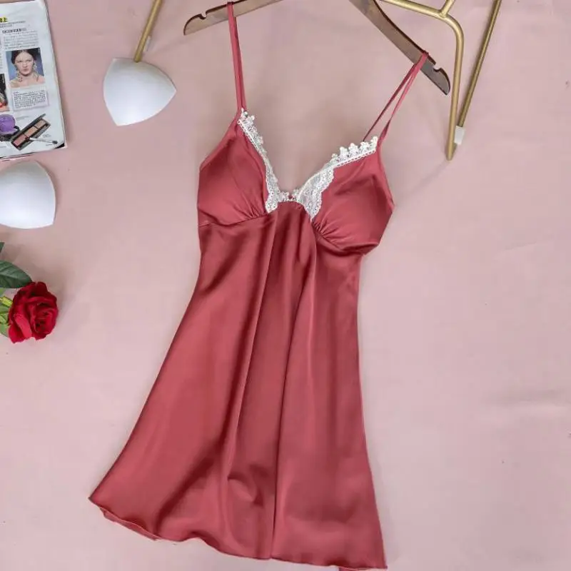

Suspender Nightgown Faux Silk Women Summer Kimono Dressing Gown V-Neck Sleeveless Sleepwear Mini Nightdress Lace Loungewear