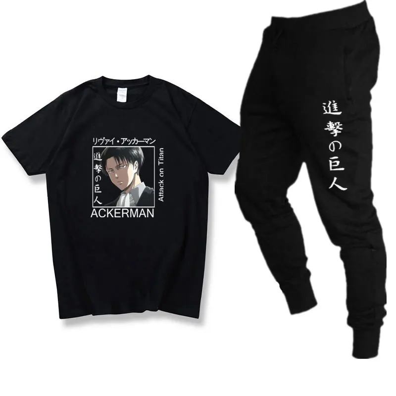

Summer Streetwear fashion T-shirt + Sports trousers Attack on Titan T shirt Sets Mens teeshirt Sweatpants trousersT Shirts Set