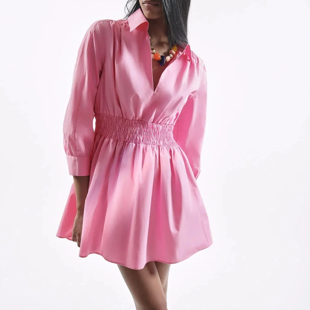 

Женское летнее платье, новинка 2021, модное розовое эластичное короткое платье из поплина с отложным воротником и рукавами три четверти, прит...
