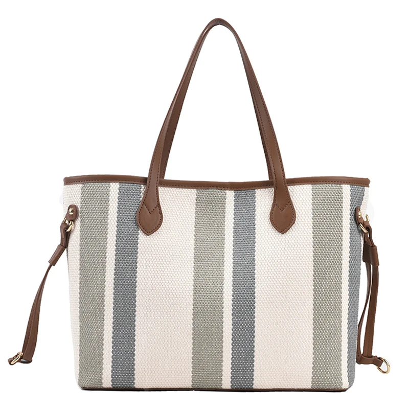 

2 Pcs High Capacity Canvas Shoulder Bag For Beautiful Women 2021 Striped Handbags Female Travel Fashion Shopping