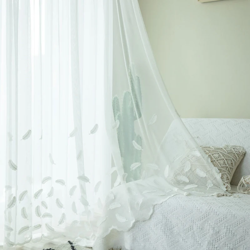 

White Embossed Embroidery 3D Feather Curtain For Living Room Sheer Fabric Lace Bedroom Balcony Voile Tulle Drape X691#40
