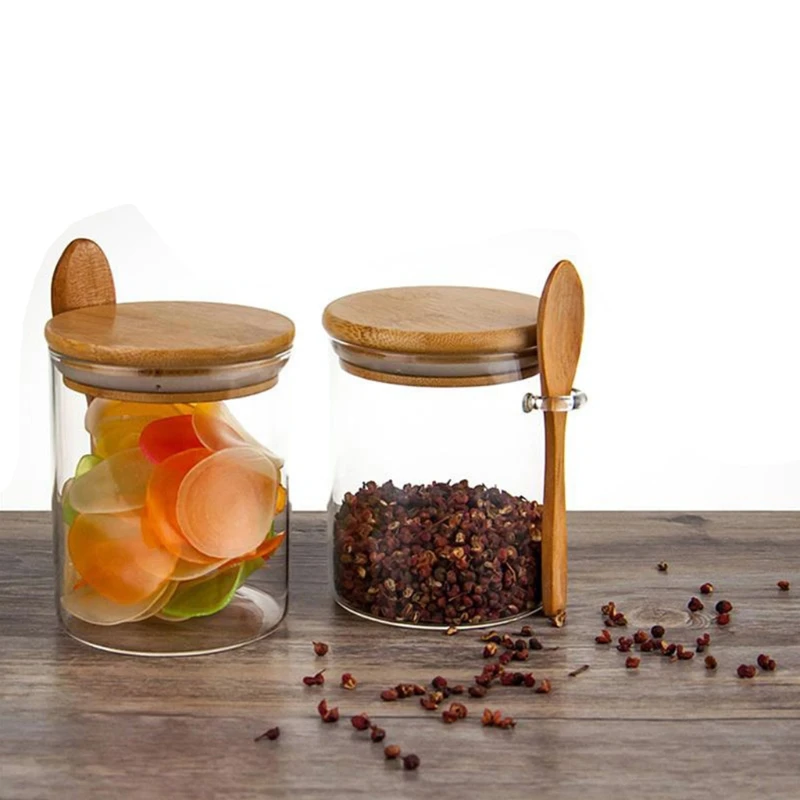 

Sugar Bowl with Bamboo Lid and Spoon Clear Glass Canister Jar for Kitchen Storag