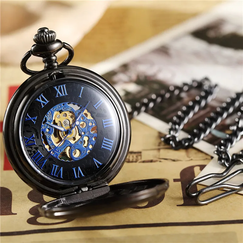 Mechanical Hand-winding Pocket Watch Men Flip Black Hollow Case Fob Chain Necklace Clock Mens Watch Gift Box reloj de bolsillo
