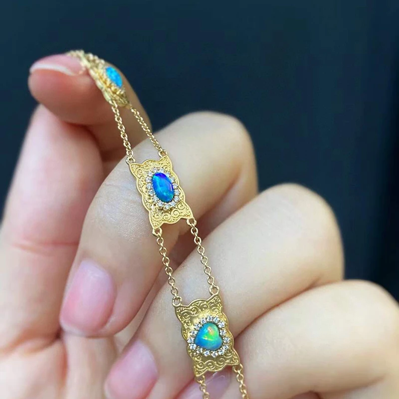 

AINUOSHI 18K Gold 0.60ct Natural Opal Real 0.20ct Diamond Luxury Vinatge Geometric Bracelet For Women Wedding Jewelry Gift 6.7"