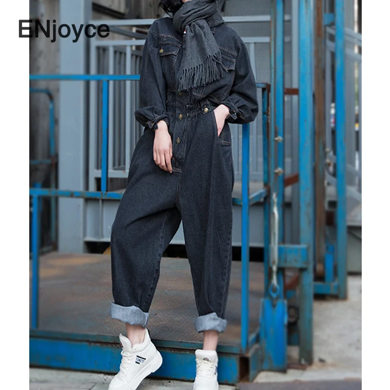Women Denim Jumpsuits Oversized Fashion Loose Wide Leg Cargo Pants Pockets Ladies Vintage Black Playsuit Jump Suits Fall Winter |