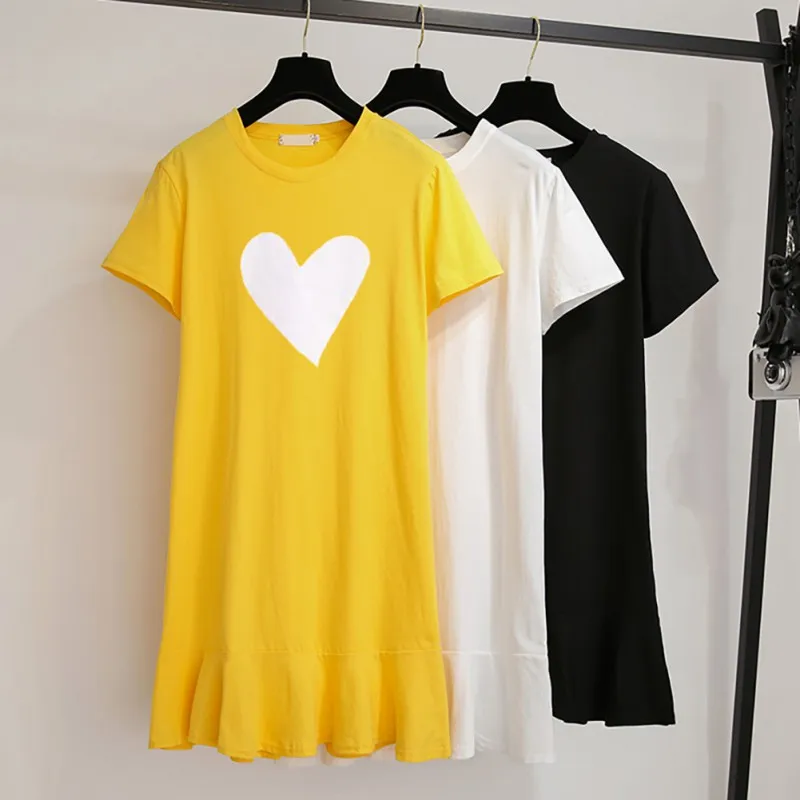 Модная женская футболка с принтом сердца Плиссированное корейское платье