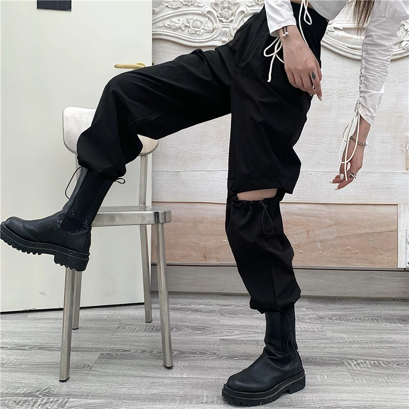 

Black Cool Women Cargo Pants Sport Ankle-length Trouser Punk Stretch Waist Drawstring Shir One Side Hollow Out Rock Outdoor Lady