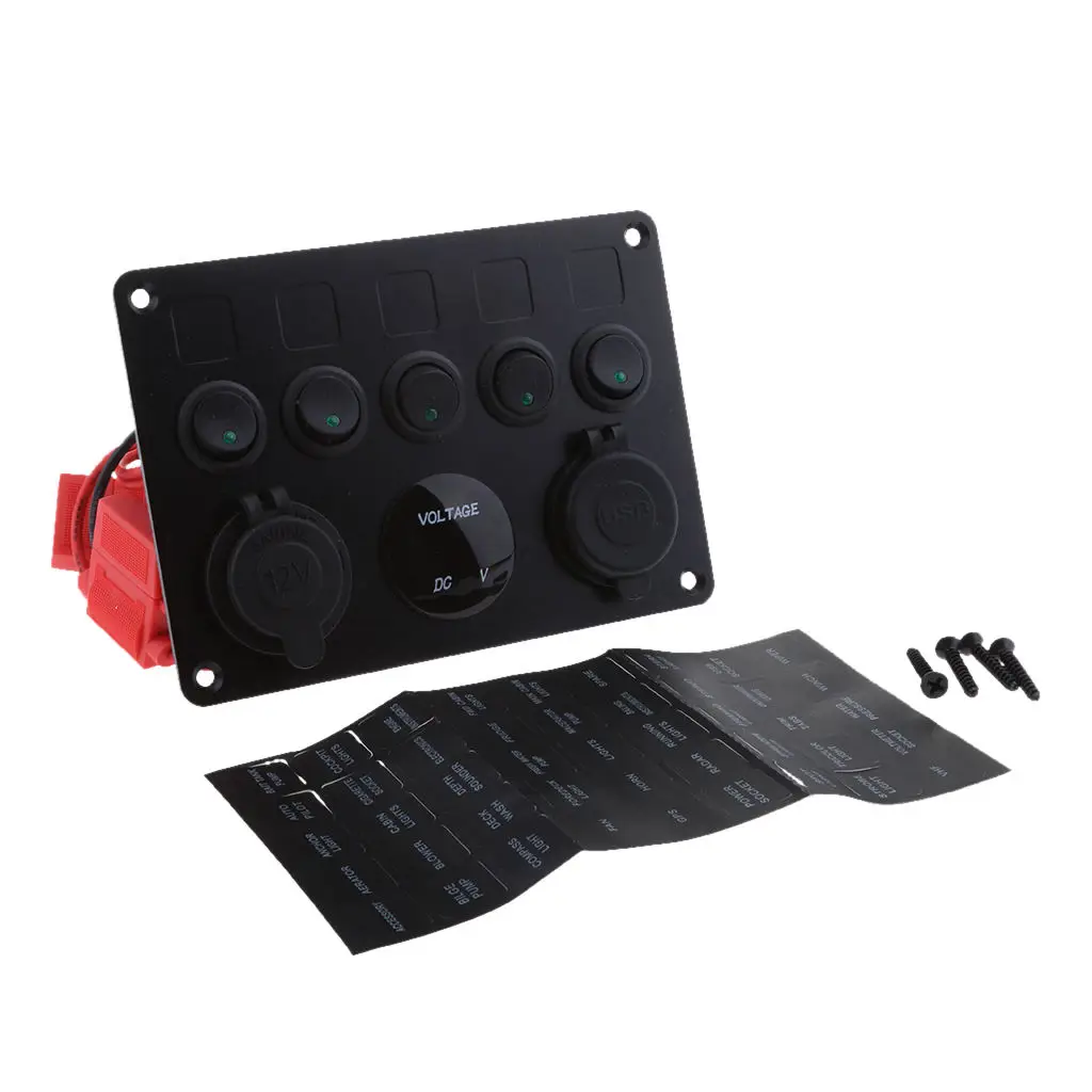 

Green LED Dual USB Port Charger Voltmeter 5 Gang Toggle Switch Panel