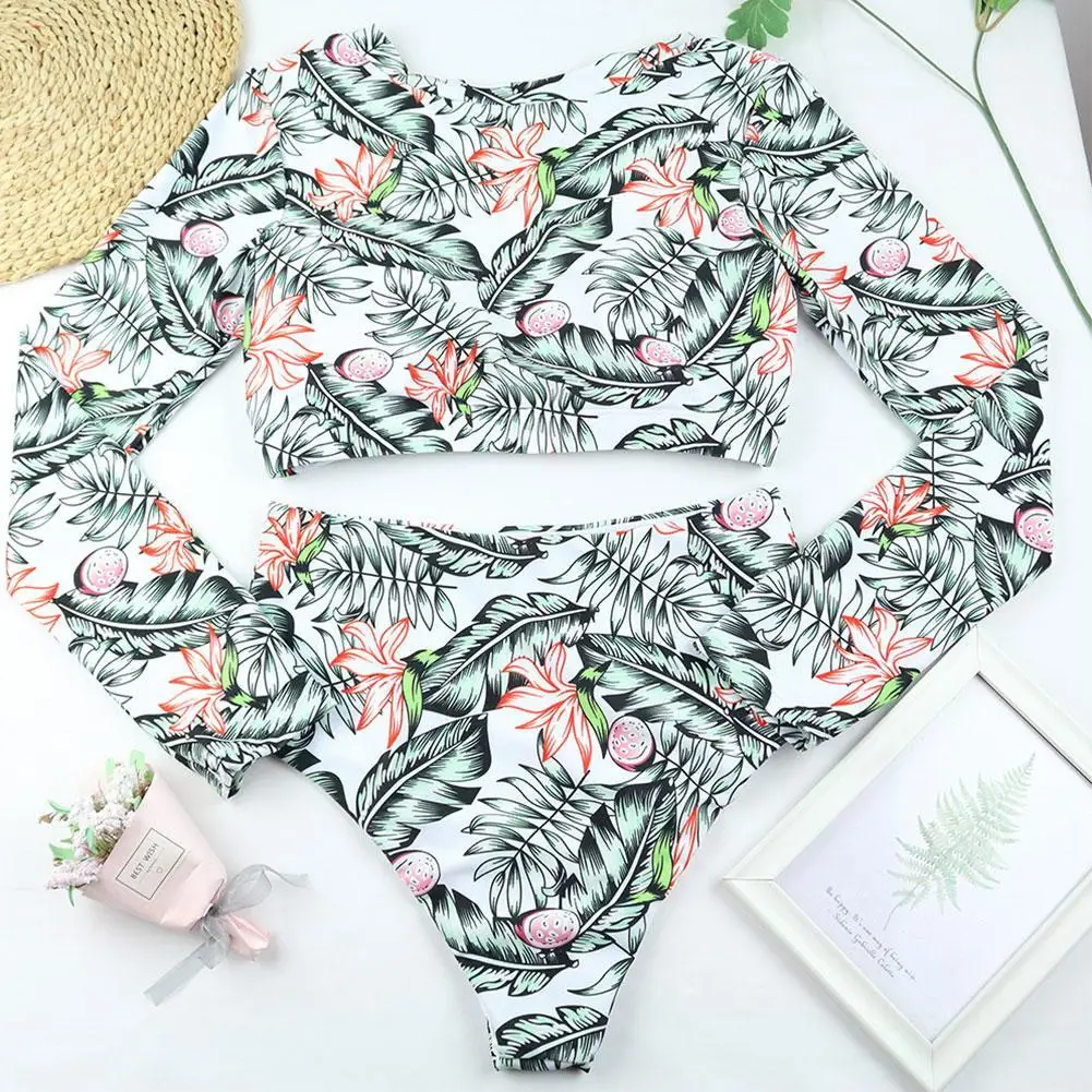 

Summer Beachwear Female High Waist Swimsuits Bathing Suits Long Printed Sleeve Sexy Two Pieces Suit Swimwear Women Bikini