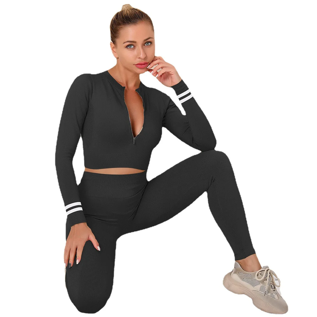 

Long-sleeved Zipper Yoga Sports Suit Breathable Tight-fitting Running Trousers Fitness Suit Women's Two-piece Suit