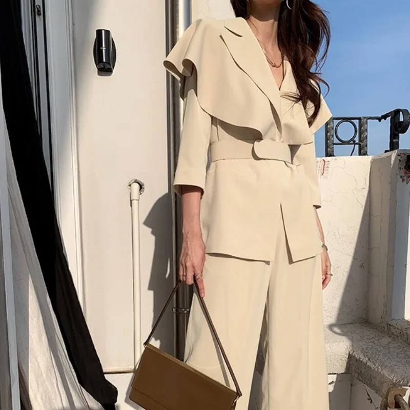 

Autumn Women Office Pant Suit V Neck Elegant Blazer Jacket High Waist Wide Leg Pant Two Pieces Set Lady Outfits Work Clothes