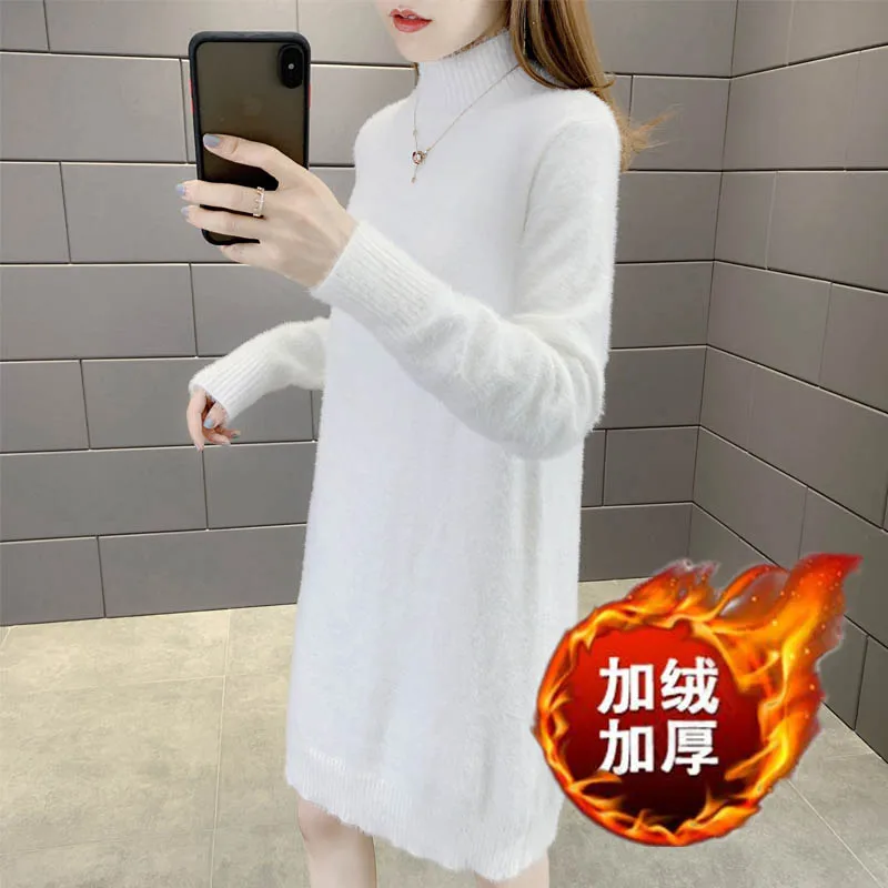 

2020 ladies mid-length knitted sweater loose half-neck sweater plus velvet imitation mink sweater female H00286