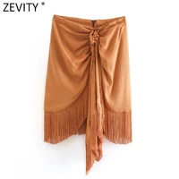zevity women fashion solid knotted hem tassel casual slim skirt faldas mujer office ladies back zipper chic mini vestido qun697