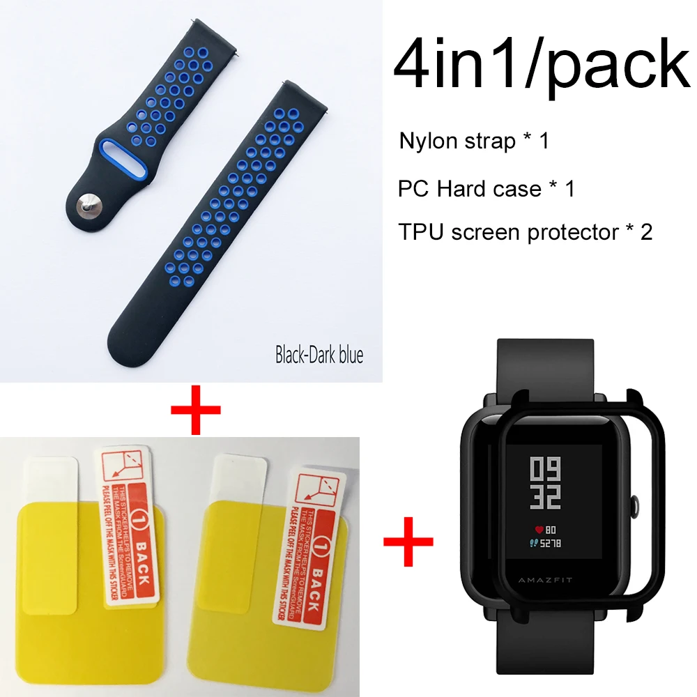 Black darkblue-black 4в1 для Xiaomi Huami Amazfit ремешок Bip мягкий спортивный браслет из силикона Smartwatch Браслет с PC чехол Защита экрана - Цвет: Black darkblue-black
