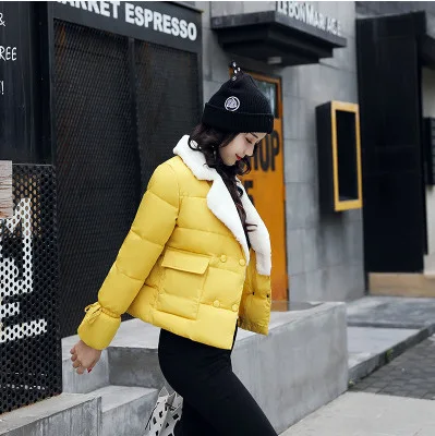 

JCHB 2021 fur collar Woman Winter short Coats and Jackets solid pockets Female Padded Jacket solid fashion Parkas Mujer Invierno