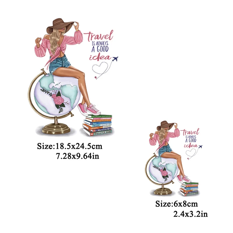 Iron On Transfer Clothes Travel Girl Vinyl Stickers Diy Heat Parches For T-Shirts New Globe Book Patch Thermal Press | Дом и сад