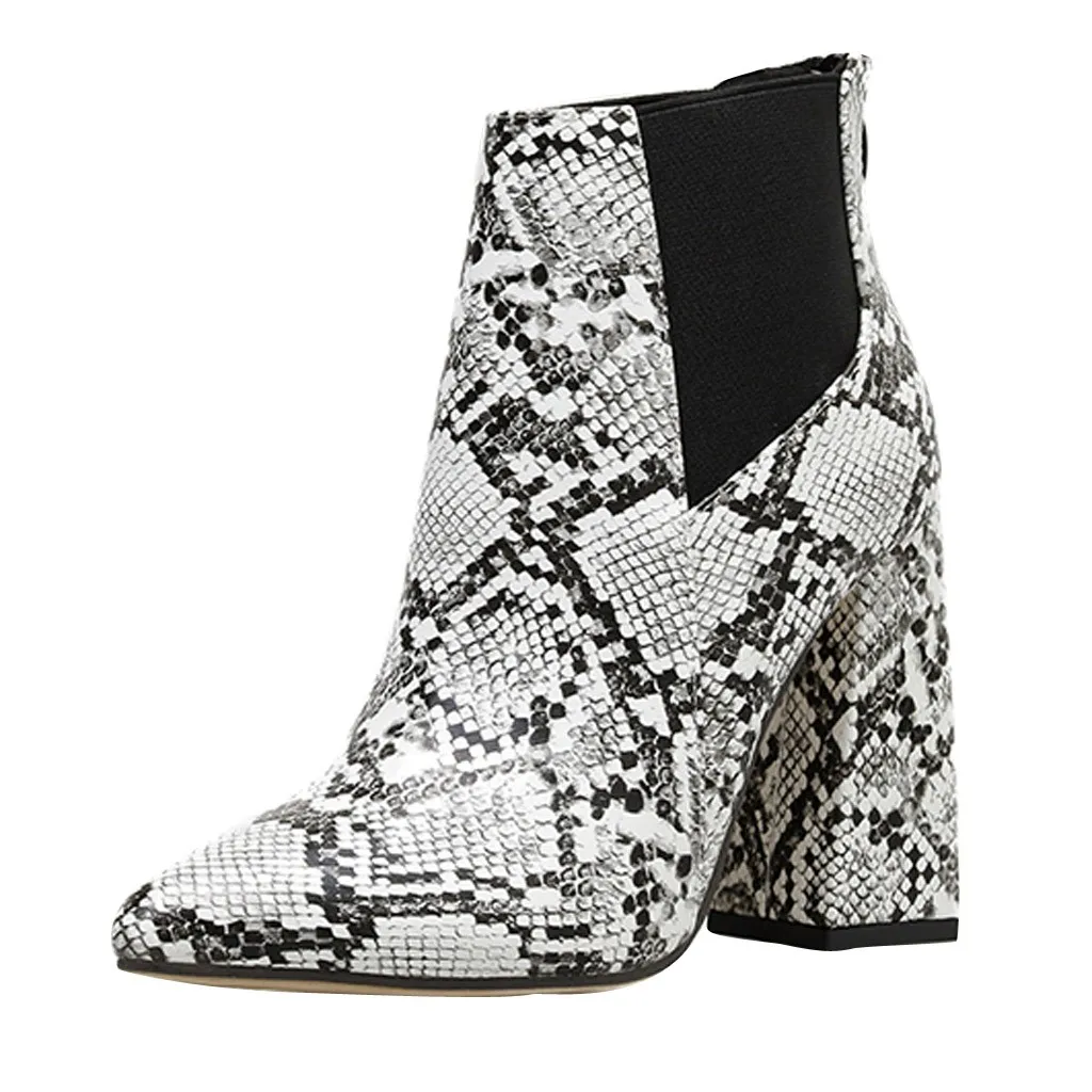 Женские ботильоны на толстом каблуке ботинки высоком со змеиным принтом и