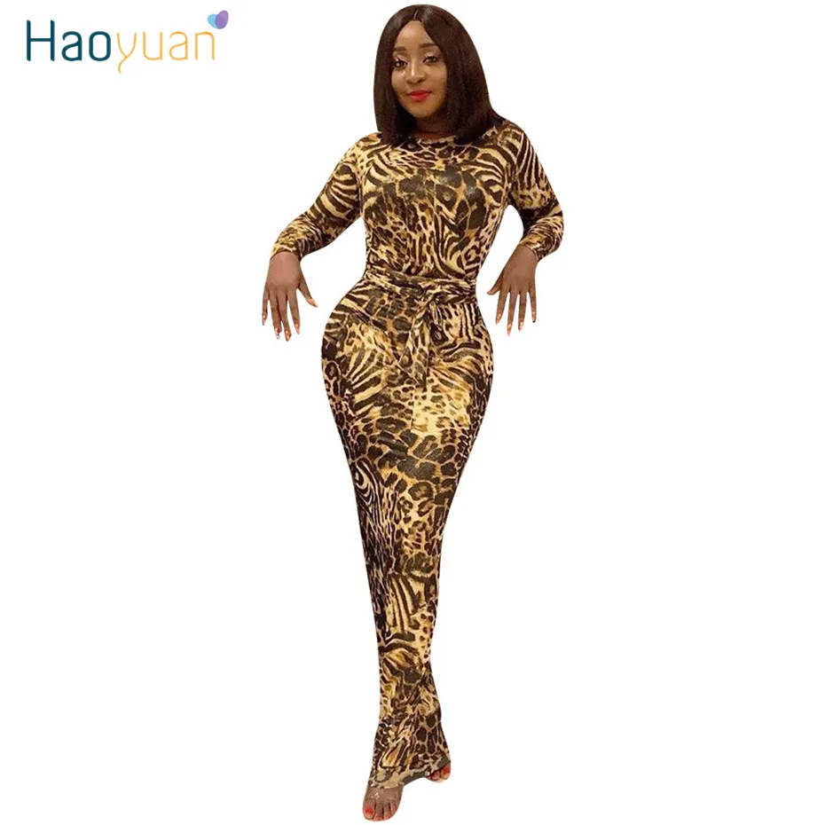 HAOYUAN леопардовое Платье макси с длинным рукавом женская осенняя одежда Vestidos Cheetah с принтом элегантное сексуальное облегающее платье для ночного клуба