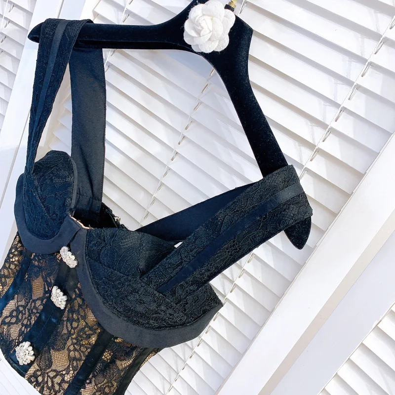 Sexy Slim Lace Patchwork Tank Top Women Tube Top Lace Rhinestone Buttons Back Zipper Short Waistcoat Camisole